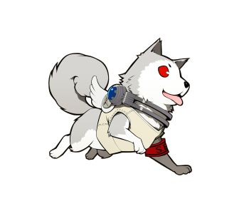 Rule 34 | absurdres, animal, animal ears, animal focus, animal hands, armband, collar, dog, dog ears, dog paws, dog tail, grey dog, highres, koromaru (persona), official art, oribe hanako, persona, persona 3, persona q: shadow of the labyrinth, persona q (series), red armband, red eyes, s.e.e.s, second-party source, shiba inu, simple background, tail, tongue, tongue out, white background, wings