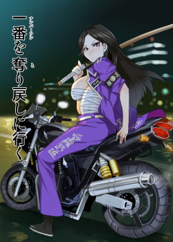 Rule 34 | 10s, 1girl, armband, banchou, bandages, bandages around chest, black hair, bokken, bousouzoku, breasts, character name, coat, delinquent, female focus, gangster, grin, idolmaster, idolmaster cinderella girls, large breasts, mizuryu kei, moto, motor vehicle, motorcycle, mukai takumi, sarashi, sitting, sleeves rolled up, smile, solo, sword, text focus, tokkoufuku, translation request, vehicle, weapon, wooden sword