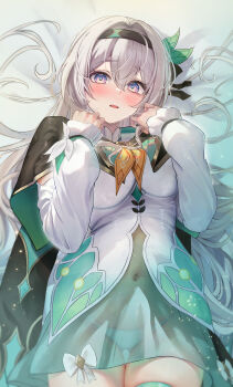 Rule 34 | 1girl, absurdres, black hairband, black jacket, blue eyes, blush, breasts, covered navel, firefly (honkai: star rail), grey hair, hairband, highres, honkai: star rail, honkai (series), jacket, long hair, long sleeves, looking at viewer, medium breasts, multicolored eyes, otabaaa, panties, parted lips, pink eyes, shirt, solo, underwear, white panties, white shirt