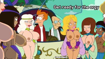 2boys 6+girls absurdres ass breast_expansion breasts derivative_work futurama glasses harem highres hubert_j_farnsworth large_breasts mature_female multiple_boys multiple_girls navel nipples nude otakusedits philip_j_fry screencap screenshot_redraw standing toon_(style)