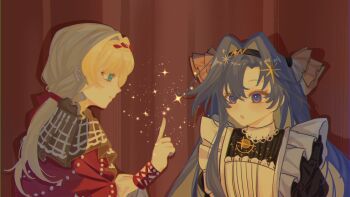 2girls :o apron black_dress black_hairband blonde_hair blue_eyes blue_hair brown_dress cloak colored_inner_hair commentary dress frilled_apron frills from_side hair_ornament hair_ribbon hairband hand_up highres ichigo_(cute_berry460) index_finger_raised kiperina long_hair looking_at_another low_ponytail multicolored_hair multiple_girls ponytail profile red_background red_cloak red_ribbon reverse:1999 ribbon shadow smile sparkle star_(symbol) star_hair_ornament symbol-only_commentary upper_body voyager_(reverse:1999) white_apron