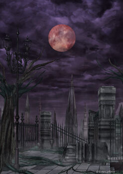 architecture bare_tree comet_(tvgz5235) commentary_request fence full_moon gothic_architecture highres iron_fence lamppost moon night no_humans original outdoors overcast purple_sky red_moon scenery sky spire tiles tower tree twitter_username