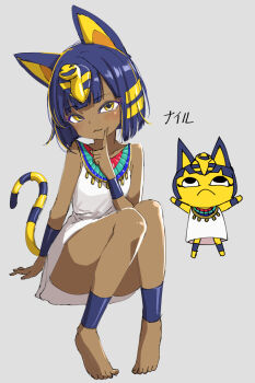 1girl :3 ancient_egyptian ancient_egyptian_clothes animal_crossing animal_ears ankha_(animal_crossing) anklet arm_support arms_behind_back ass barefoot black_eyes blonde_hair blue_hair blunt_bangs blunt_ends bob_cut body_fur bracelet breasts cat_ears cat_girl cat_tail character_name cheek_poking chibi closed_mouth colored_skin commentary convenient_censoring creature_and_personification dark-skinned_female dark_skin dress eyelashes finger_to_cheek furry furry_female grey_background hair_ornament halo_hair head_tilt highres index_finger_raised jewelry light_smile looking_at_viewer loose_hair_strand multicolored_hair naughty_face nintendo on_ground personification poking short_hair simple_background sitting sleeveless sleeveless_dress small_breasts smile snake_hair_ornament solid_circle_eyes solo_focus striped_tail tail toes translated two-tone_hair uraeus usekh_collar white_dress yellow_eyes yellow_fur yellow_skin zaxwu