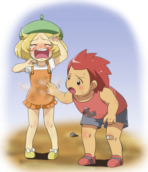 bandaid bianca_(pokemon) blonde_hair blue_eyes child closed_mouth crying dust hat kijouyu nintendo open_mouth pokemon pokemon_(anime) pokemon_bw rock stephan_(pokemon) streaming_tears tears teeth upper_teeth_only