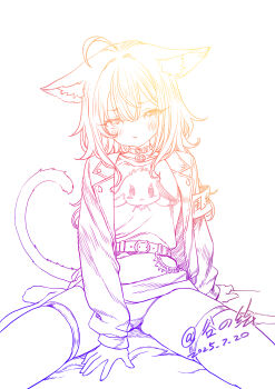 1girl absurdres animal_ears belt between_legs cat_ears cat_girl cat_tail collar colored_lineart embarrassed gradient_lineart gu hand_between_legs highres jacket lineart long_hair long_sleeves looking_at_viewer open_clothes open_jacket original panties raised_inner_eyebrows shirt simple_background sitting spread_legs tail thighhighs thighs underwear white_background