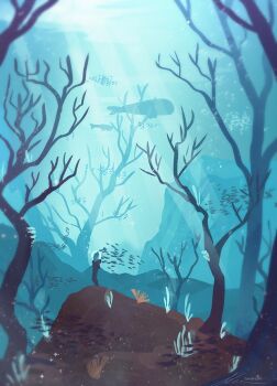 1other bare_tree blue_theme blurry coral day depth_of_field diving diving_suit fishbowl_helmet forest full_body nature original outdoors painterly scenery school_of_fish standing subsurface_scattering tree underwater whale zandra