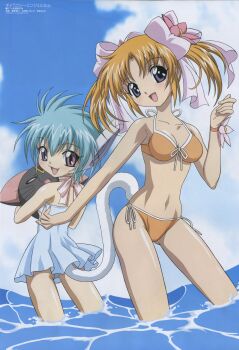 00s 2girls absurdres apricot_sakuraba bikini blue_hair breasts broccoli_(company) cleavage day dress fang galaxy_angel galaxy_angel_rune highres medium_breasts mimolette mimolette_(galaxy_angel) multiple_girls nano-nano_pudding ocean orange_bikini orange_hair purple_eyes scan shinohara_kenji short_hair short_twintails side-tie_bikini_bottom small_breasts swimsuit tail twintails water