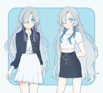 2girls blue_eyes blue_hair blush cevio dress expressionless grey_hair hair_over_one_eye highres isekaijoucho jacket kamitsubaki_studio long_hair looking_at_viewer mohe_onpu multicolored_hair multiple_girls open_clothes open_jacket purple_hair sekai_(cevio) skirt smile symbol-shaped_pupils two-tone_hair very_long_hair