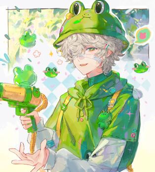 1boy absurdres bandage_over_one_eye bandaged_head bandages blonde_hair fang florian_brand florian_brand_(leonard) frog_hat green_eyes green_hoodie hair_over_one_eye highres holding holding_water_gun hood hoodie identity_v looking_at_viewer male_focus water_gun wavy_hair xiaomianduoshao
