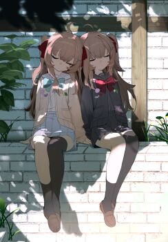 2girls absurdres ahoge aqua_bow aqua_bowtie arm_support asymmetrical_legwear black_sailor_collar black_shirt black_skirt black_socks black_thighhighs blue_sailor_collar blue_skirt bow bowtie brown_hair brown_shoes cardigan closed_eyes closed_mouth commentary dappled_sunlight day dress_shirt evil_neuro-sama full_body hair_between_eyes hair_ornament hair_ribbon haruteru heart heart_hair_ornament highres leaf long_hair long_sleeves miniskirt multiple_girls neuro-sama outdoors pleated_skirt red_bow red_bowtie red_ribbon ribbon sailor_collar shirt shoes siblings single_sock single_thighhigh sisters sitting skirt socks sunlight symbol-only_commentary thighhighs twins two_side_up uneven_legwear vedal_ai virtual_youtuber white_shirt yellow_cardigan