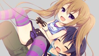 1boy 1girl :d ahoge aoi_aruma blue_hair blue_shirt blue_tank_top blush bob_cut breasts brown_hair bulge bulge_to_ass camisole closed_eyes collarbone controller cowboy_shot dry_humping embarrassed erection erection_under_clothes game_cg game_controller girl_on_top green_pants grey_background hair_between_eyes hair_ornament hairclip himukai_ao_(jissai_no_tokoro) holding holding_controller holding_game_controller humping izuno_shiun_(jissai_no_tokoro) jissai_no_tokoro kodomo_doushi large_variant_set loli long_hair looking_back miniskirt naughty_face navel open_mouth orgasm panties pants pleated_skirt polka_dot polka_dot_panties purple_camisole purple_eyes purple_skirt raised_inner_eyebrows shirt short_hair sidelocks simple_background sitting sitting_on_lap sitting_on_person skirt small_breasts smile striped_clothes striped_thighhighs tank_top thighhighs thighs twintails underwear variant_set very_long_hair wavy_mouth
