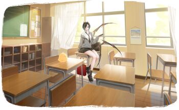 1girl absurdres arm_behind_back arm_support azur_lane bare_legs black_hair black_necktie black_skirt blush breasts classroom closed_eyes clothes_pull collared_shirt curious expressionless full_body goth_fashion grin hair_over_one_eye hand_up high_heels highres horns indoors jacket jacket_pull light_frown light_smile looking_at_viewer looking_to_the_side medium_hair miniskirt multicolored_hair nail_polish necktie non-web_source official_art ohisashiburi parted_lips partially_unzipped pleated_skirt red_nails rigging school_uniform shirt short_hair sitting sitting_on_table skirt slit_pupils smile solo staring streaked_hair thighs two-tone_hair ulrich_von_hutten_(azur_lane) ulrich_von_hutten_(what_comes_after_the_bell)_(azur_lane) white_hair white_shirt yellow_eyes