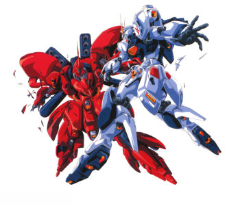 1980s_(style) battle beam_cannon cable char&#039;s_counterattack chest_cannon damaged debris duel earth_federation gundam izubuchi_yutaka key_visual machinery magazine_scan mecha mecha_focus mobile_suit neo_zeon no_humans nu_gundam official_art oldschool production_art promotional_art radio_antenna retro_artstyle robot sazabi scan science_fiction simple_background spoilers traditional_media v-fin white_background