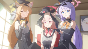3: 3girls :d ^_^ adapted_costume aged_up alternate_costume alternate_hairstyle animal_ear_fluff animal_ears ascot black_dress black_hairband black_hat black_wings blue_archive blurry blurry_background blush bow bowtie breasts cat_ears cat_girl center_frills character_print choker clenched_hand closed_eyes closed_mouth commentary cowboy_shot day detached_sleeves dress earrings extra_ears feathered_wings flower frilled_choker frilled_dress frilled_sleeves frills frown grey_dress hair_between_eyes hair_down hair_ornament hairband hairclip hairdressing halo hamachikichiki hanae_(blue_archive) hand_up hat hat_feather hat_flower head_wings highres indoors jewelry koharu_(blue_archive) large_breasts long_hair long_sleeves looking_at_another looking_down low_ponytail low_wings mari_(blue_archive) mari_(idol)_(blue_archive) multiple_girls open_mouth orange_ascot orange_flower orange_hair orange_rose parallel_hairclips peroro_(blue_archive) pink_bow pink_bowtie pink_eyes pink_flower pink_hair pink_halo pink_rose ponytail purple_hair rose sidelighting sidelocks sisterhood_idol_outfit_(blue_archive) sleeveless sleeveless_dress small_breasts smile smug split_mouth straight_hair sweatdrop swept_bangs textless_version top_hat two-tone_dress upper_body very_long_hair wide_sleeves window_shadow winged_halo wings x_hair_ornament yellow_bow yellow_bowtie yellow_flower yellow_halo yellow_rose