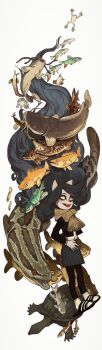1girl animal_ears black_eyes black_hair catfish claire_d'lune coat fang fish frog furry giant_snakehead highres mossacannibalis open_mouth pentagram scarf teeth the_summoning vertical