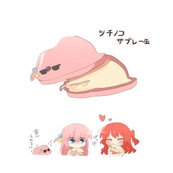 Rule 34 | 2girls, ^ ^, blue eyes, bocchi the rock!, bow, bowtie, character-themed food, chibi, chibi only, closed eyes, commentary request, cookie, cropped torso, cube hair ornament, dual persona, eating, food, gotoh hitori, gotoh hitori (tsuchinoko), hair between eyes, hair ornament, heart, holding, holding cookie, holding food, jacket, kita ikuyo, long hair, multiple girls, no mouth, one side up, pink hair, pink jacket, rebecca (keinelove), red bow, red bowtie, red hair, school uniform, shuka high school uniform, simple background, track jacket, translation request, white background