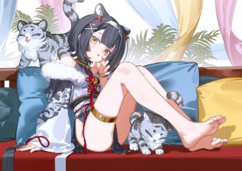 1girl animal_ears bare_shoulders barefoot black_hair brown_eyes character_request claw_pose fang feet hairband hashtag-only_commentary highres jewelry looking_at_viewer medium_hair off_shoulder piercing ryuuforkaf skin_fang sleeveless stella_sora thighlet