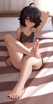 1girl ahoge arm_up bed black_nails black_shorts blue_eyes brown_hair crop_top crossed_legs curtains feet foot_focus hair_over_one_eye kairunoburogu looking_at_viewer maddie_(seki) nail_polish navel pillow short_hair shorts smile soles