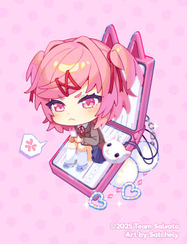 Rule 34 | 1girl, anger vein, artist name, blazer, blue skirt, cellphone, cellphone charm, charm (object), chibi, chibi only, commentary, copyright name, doki doki literature club, doki doki literature club school uniform, english commentary, flip phone, frown, grey jacket, hair ribbon, heart, highres, holding, holding phone, jacket, knees up, natsuki (doki doki literature club), phone, pink background, pink eyes, pink hair, polka dot, polka dot background, red ribbon, ribbon, satchely, school uniform, short hair, sitting, skirt, socks, solo, spoken anger vein, two side up, white socks