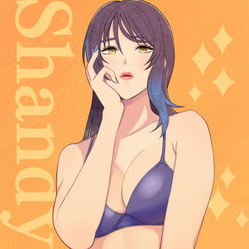 1girl bikini blue_nails breasts dead_or_alive dead_or_alive_xtreme dead_or_alive_xtreme_venus_vacation hand_on_own_cheek hand_on_own_face konishiki_(52siki) looking_at_viewer purple_hair shandy_(doa) swimsuit tagme upper_body yellow_eyes