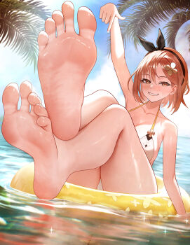 Rule 34 | 1girl, absurdres, atelier (series), atelier ryza, barefoot, bikini, black hairband, breasts, brown eyes, brown hair, clover hair ornament, crossed ankles, feet, foot focus, hair between eyes, hair ornament, hairband, highres, large breasts, legs, looking at viewer, on innertube, outdoors, palm tree, pointing, pointing down, reflection, reflective liquid, reisalin stout, short hair, smile, soles, solo, swim ring, swimsuit, thick thighs, thighs, toenails, toes up, tree, ursica, water, wet, white bikini