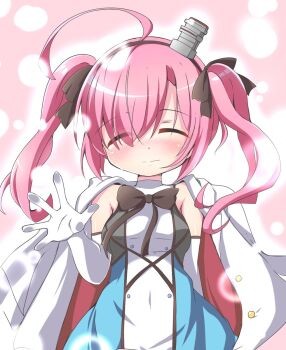 1girl against_glass ahoge azur_lane black_bow black_ribbon bow closed_eyes closed_mouth coat commentary_request crying dress dress_bow elbow_gloves eyes_visible_through_hair geo_(yukishitadou) gloves hair_over_one_eye hair_ribbon hand_on_glass happy_tears highres looking_at_viewer medium_hair pink_hair ribbon saratoga_(azur_lane) sleeveless sleeveless_dress solo tears two_side_up white_coat white_gloves