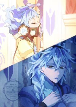 2boys against_door artist_name behind-the-head_headphones black_hairband blue_eyeshadow blue_hair blue_lips blue_shirt braid brothers closed_eyes commentary covered_mouth creator_connection disney door eyeshadow fiery_hair frozen_(disney) hair_between_eyes hair_over_shoulder hairband headphones high_collar highres idia_shroud imoko_331 indoors keyhole knees_up light_particles long_hair long_sleeves makeup male_focus multiple_boys ortho_shroud parted_lips puffy_short_sleeves puffy_sleeves scene_reference shirt short_hair short_sleeves siblings single_braid sitting split_screen twisted_wonderland twitter_username watermark yellow_eyes yellow_shirt