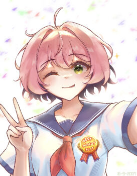 1girl ahoge blue_sailor_collar bow bowtie collarbone commentary dated english_text green_eyes h3p0 highres light_blush looking_at_viewer one_eye_closed osu! pink_hair pippi_(osu!) sailor_collar sailor_shirt school_uniform selfie serafuku shirt short_hair short_sleeves simple_background smile solo tongue tongue_out v white_serafuku