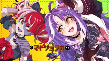 ahoge arm_up black_choker black_dress black_gloves black_nails black_shirt choker collarbone colored_tongue commentary d-maker double_bun dress english_commentary fangs gloves gradient_background green_background hair_bun heterochromia highres hololive hololive_indonesia indie_virtual_youtuber jared_(michi_mochievee) kureiji_ollie kureiji_ollie_(1st_costume) long_sleeves looking_at_another michi_mochievee michi_mochievee_(1st_costume) open_mouth pale_skin patchwork_skin purple_hair purple_tongue red_hair shirt symbol-shaped_pupils teeth torn_clothes torn_dress torn_shirt udin_(kureiji_ollie) undead upper_teeth_only virtual_youtuber white_streaks yellow_background yellow_eyes zombie