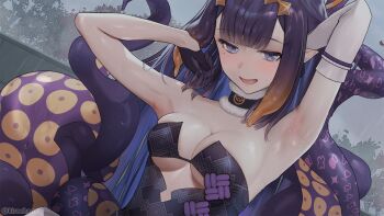 1girl :d alternate_breast_size_(larger) arm_behind_head armpit_focus armpits black_gloves blush breasts center-flap_bangs cleavage clothing_cutout detached_collar detached_sleeves fang fur-trimmed_collar fur_trim gloves gradient_hair grey_sky hair_ornament half_gloves hand_up highres hololive hololive_english jitome kirachamo looking_at_viewer medium_breasts mole mole_under_eye multicolored_hair ninomae_ina'nis ninomae_ina'nis_(1st_costume) open_mouth orange_hair outdoors pointy_ears presenting_armpit purple_eyes purple_hair rain single_detached_sleeve sky smile solo tentacle_hair tentacles twitter_username underboob_cutout upper_body virtual_youtuber wet white_sleeves