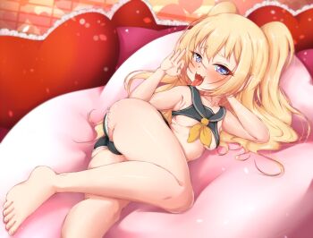 1girl ass azur_lane bache_(azur_lane) bare_arms bare_shoulders barefoot blonde_hair blush breasts cameltoe collarbone crop_top ether_core feet fellatio_gesture female_focus frilled_pillow frills gesture hair_between_eyes heart heart-shaped_pillow heart-shaped_pupils highres loli looking_at_viewer lying micro_shorts ok_sign on_side open_mouth pillow saliva sexually_suggestive shorts small_breasts soles solo symbol-shaped_pupils toes tongue tongue_out two_side_up