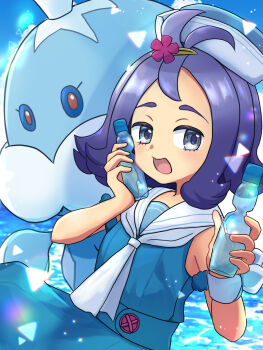 Rule 34 | 1girl, acerola (pokemon), acerola (summer 2024) (pokemon), aqua dress, bottle, cloud, commentary request, day, dress, flipped hair, gen 5 pokemon, grey eyes, hair ornament, hairclip, hat, highres, holding, holding bottle, jellicent, jellicent (male), neckerchief, nintendo, official alternate costume, open mouth, outdoors, pokemon, pokemon (creature), pokemon masters ex, purple hair, sailor collar, sailor dress, sky, sleeveless, sleeveless dress, topknot, water, water bottle, white sailor collar, wristband, yyukisnow