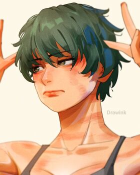 1girl artist_name black_tank_top breasts brown_eyes burn_scar cleavage commentary drawink facial_scar frown green_hair highres jujutsu_kaisen medium_breasts portrait profile scar scar_on_cheek scar_on_face sideways_glance solo tank_top zen'in_maki