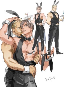 2boys alcohol animal_ears bare_arms bare_shoulders black_footwear black_suit blonde_hair blue_eyes brown_hair formal_clothes hair_slicked_back jack_krauser leon_s._kennedy male_focus multiple_boys muscular muscular_male pectorals playboy_bunny rabbit_ears resident_evil suit tatsumi_(psmhbpiuczn)