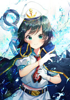 1girl absurdres anchor anchor_print belt black_belt black_cape black_hair blush cape closed_mouth commentary gloves green_eyes green_sailor_collar hat highres looking_at_viewer murasa_minamitsu neckerchief nettian51 pants red_neckerchief sailor_collar sailor_hat shirt short_hair short_sleeves smile solo touhou water water_drop white_gloves white_pants white_shirt
