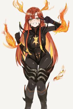 1girl absurdres alternate_form black_bodysuit bodysuit breasts eyebrows_hidden_by_hair feet_out_of_frame fiery_hair fire hair_between_eyes highres large_breasts looking_at_viewer machina_solege maou_2099 open_mouth pyrokinesis red_hair simple_background smile solo teeth thigh_gap v white_background yellow_eyes yu_xiao_(user_mwct3843)