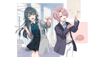 2girls arimura_mao belt blazer bug buttons chair coat collared_shirt gakuen_idolmaster game_cg green_eyes green_hair highres idolmaster insect jacket ladybug multiple_girls neck_ribbon official_art open_mouth pants purple_eyes ribbon shirt tsukimura_temari white_pants window