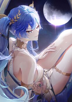Rule 34 | 1girl, absurdres, armlet, bare shoulders, blue eyes, blue hair, breasts, bridal gauntlets, closed mouth, commentary, feet out of frame, fingernails, full moon, gradient hair, highres, iuno (wuthering waves), jelmul, jewelry, laurel crown, long hair, looking to the side, medium breasts, moon, multicolored hair, sitting, smile, solo, thighlet, thighs, twintails, very long hair, white bridal gauntlets, wuthering waves