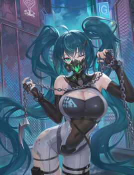 1girl ahoge alley aqua_eyes aqua_hair armpits bare_shoulders black_gloves bodysuit breasts chain chain_weapon chinese_commentary cleavage cleavage_cutout clothing_cutout commentary_request covered_navel elbow_gloves fingerless_gloves gloves hair_ornament hairclip highres large_breasts long_hair looking_at_viewer mask mouth_mask multicolored_bodysuit multicolored_hair one_eye_closed original outdoors solo streaked_hair thigh_strap torn_clothes twintails two-tone_bodysuit very_long_hair weapon white_bodysuit yizhibao
