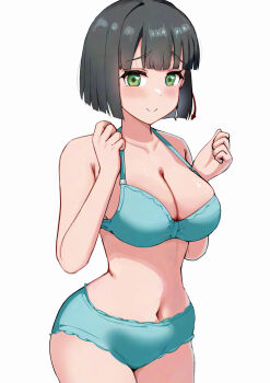 1girl aqua_bra aqua_panties bare_arms black_hair blunt_bangs blunt_ends blush bob_cut bra breasts cleavage clenched_hands closed_mouth collarbone cowboy_shot curvy heart heart-shaped_pupils highres large_breasts looking_at_viewer navel original panties pisagi short_hair simple_background smile solo standing symbol-shaped_pupils underwear white_background
