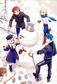 2boys 3girls ahoge appleale19 artoria_pendragon_(fate) black_boots black_gloves black_jacket black_pantyhose black_scarf blonde_hair blue_hair blue_scarf blue_skirt boots braid branch brother_and_sister brown_boots brown_gloves brown_hair bucket buttons closed_eyes cu_chulainn_(fate) cu_chulainn_(fate/stay_night) cu_chulainn_(lancer)_(fate) day down_jacket dress earrings emiya_shirou fang fate/stay_night fate_(series) footprints from_behind fujimura_taiga full_body fur-trimmed_hood fur_hat fur_trim gloves green_eyes hair_ornament hair_tubes hand_on_own_hip hand_up hands_up hat highres holding holding_shovel hood hooded_jacket illyasviel_von_einzbern index_finger_raised jacket jewelry long_hair long_sleeves looking_at_another low_ponytail multiple_boys multiple_girls open_mouth outdoors pants pantyhose pearl_earrings plaid_clothes plaid_scarf pointing pointing_at_another ponytail puffy_long_sleeves puffy_sleeves purple_boots purple_dress purple_hat purple_pants purple_shirt red_eyes red_hair saber_(fate) scarf second-party_source shirt short_hair shovel siblings sidelocks single_hair_tube skirt smile snow snow_shovel snowman spiked_hair standing stick sweatdrop teeth v-shaped_eyebrows white_hair white_jacket white_scarf winter
