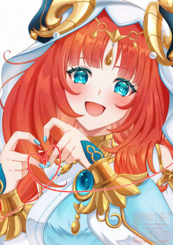 1girl absurdres blue_eyes blue_nails blush brooch commentary fake_horns four-finger_heart_hands genshin_impact harem_outfit heart heart_hands heart_of_string highres horns jewelry long_hair looking_at_viewer nilou_(genshin_impact) open_mouth red_hair simple_background smile solo takane_pato upper_body veil watermark white_background white_veil