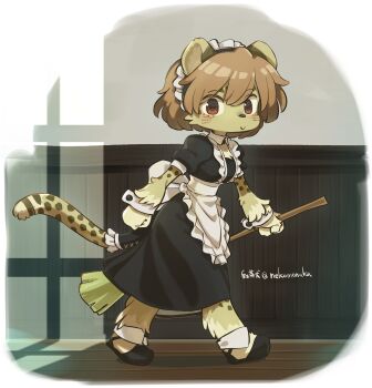 1girl apron black_dress black_shoes body_fur broom brown_hair cheetah_girl dress furry furry_female highres holding holding_broom koucha_inu maid maid_apron maid_headdress original red_eyes shoes short_hair smile solo spotted_fur tail twitter_username walking whiskers white_apron window_shadow wooden_floor wrist_cuffs