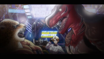 1girl animal_ears animal_head armor_king blonde_hair blue_eyes bow bowtie breasts crossover dark-skinned_male dark_skin dinosaur_boy dinosaur_costume earrings fingerless_gloves gloves heterochromia high_ceiling highres jaguar jaguar_boy jaguar_ears jewelry king_(snk) king_(tekken) king_of_dinosaurs large_breasts large_pectorals luchador luchador_mask mask multiple_boys muscular muscular_male nipples pectorals raydash30 red_eyes reverse_trap ryuuko_no_ken shirt short_hair shoulder_spikes snk spikes tekken the_king_of_fighters the_king_of_fighters_xiv topless_male wrestler wrestling_mask wrestling_outfit wrestling_ring