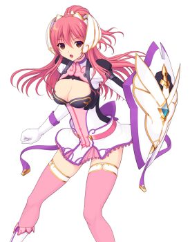 1girl :o boots breasts cleavage cleavage_cutout clothing_cutout dress en_ciel_rena en_ciel_rena_(sin) game_cg gloves hair_ornament headgear holding holding_shield kourin_tenshi_en_ciel_rena large_breasts large_variant_set long_hair looking_at_viewer non-web_source official_art open_mouth pink_hair pink_thighhighs ponytail red_eyes saitou_natsuki shield short_dress skirt solo suhamaya thighhighs tomoe_rena transparent_background variant_set white_gloves zettai_ryouiki