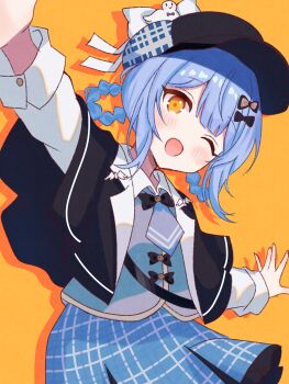 1girl absurdres bird_hat_ornament black_capelet blue_hair blue_necktie blue_skirt bow braid braided_hair_rings capelet collared_shirt commentary_request deerstalker detective hair_bow hair_rings hat highres long_sleeves looking_at_viewer magical_girl mahou_shoujo_no_majo_saiban necktie one_eye_closed open_mouth orange_background orange_eyes outstretched_arms plaid_clothes plaid_skirt pleated_skirt shirt short_hair simple_background skirt smile solo tachibana_sherry white_bow white_shirt yua_666666