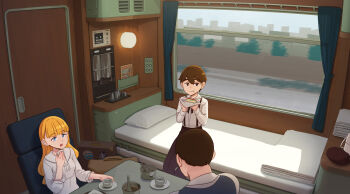 1boy 2girls abubu bed blonde_hair blue_eyes brown_eyes brown_hair brown_hat brown_pants brown_shoes closed_mouth collared_shirt commentary commentary_request dress eating english_commentary grey_vest hat highres indoors long_hair long_sleeves mixed-language_commentary multiple_girls open_mouth original pants sandwiched shirt shoes short_hair sitting suspender_pants suspenders train_interior unworn_hat unworn_headwear very_short_hair vest white_bag white_dress white_shirt window