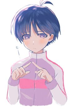 1girl androgynous annoyed antenna_hair black_hair blush breasts commentary cropped_torso embarrassed frown furrowed_brow grey_jacket highres idolmaster idolmaster_(classic) idolmaster_1 index_fingers_together jacket kikuchi_makoto long_sleeves looking_at_viewer miyagi multicolored_jacket own_hands_together purple_eyes raglan_sleeves red_trim short_hair simple_background small_breasts solo tearing_up tomboy translated unhappy upper_body very_short_hair w_arms white_background white_jacket