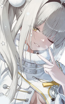 Rule 34 | 1girl, absurdres, blanc (nikke), blush, breasts, buckle, che (komulkomul48), cleavage, commentary request, emblem, fingernails, fur collar, goddess of victory: nikke, hair intakes, hair ornament, heart, highres, long fingernails, long hair, looking at viewer, medium breasts, nail polish, no bra, one eye closed, parted lips, pom pom (clothes), pom pom hair ornament, simple background, solo, star (symbol), star hair ornament, twintails, upper body, v, white background, white hair, white nails, yellow eyes