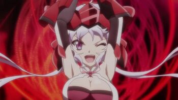 10s 1girl animated animated_gif bodysuit bouncing_breasts breasts cleavage female_focus large_breasts long_hair one_eye_closed purple_eyes senki_zesshou_symphogear solo twintails wink yukine_chris